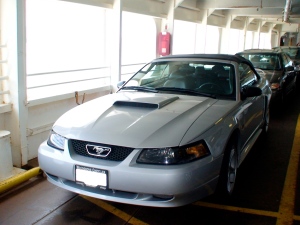 Our Mustang sitting on the Nanaimo ferry.